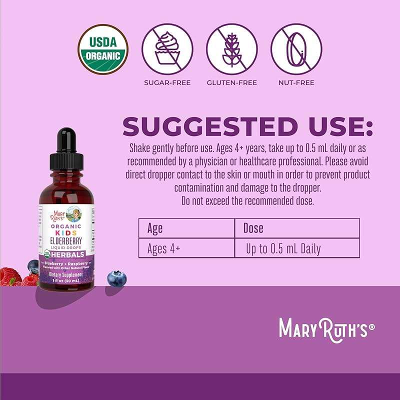 MARYRUTH'S USDA Organic Elderberry Liquid Drops for Kids | Vegan Elderberry Extract Organic Glycerin | Immune Support Supplement | Overall Health | Formulated for Ages 4-13 | 1oz - Image 3
