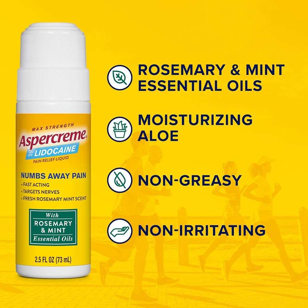 Aspercreme Essential Oils Lidocaine Pain Relief with No-Mess Roll-On Applicator, Max-Strength Lidocaine Numbs Away Nerve Pain, Moisturizing Aloe Hydrates Skin, Rosemary & Mint, 2.5 Oz. - Image 5