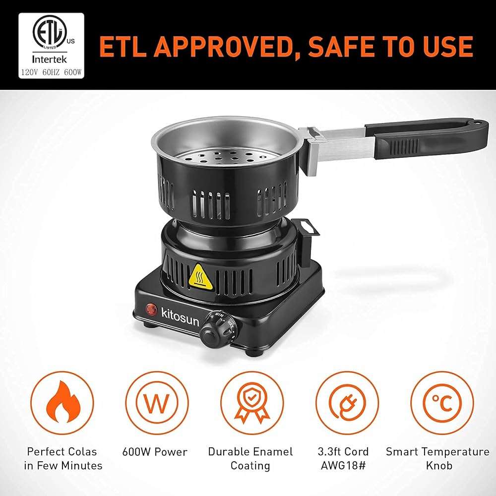 Electric Stove Coconut Charcoal Starter - ETL Approved Hot Plate Durable Faster Coal Burner 120V~600W with Detachable Handle Stainless Steel Grill & Rack Smart Heat Control Long Cable for BBQ Kitchen - Image 2