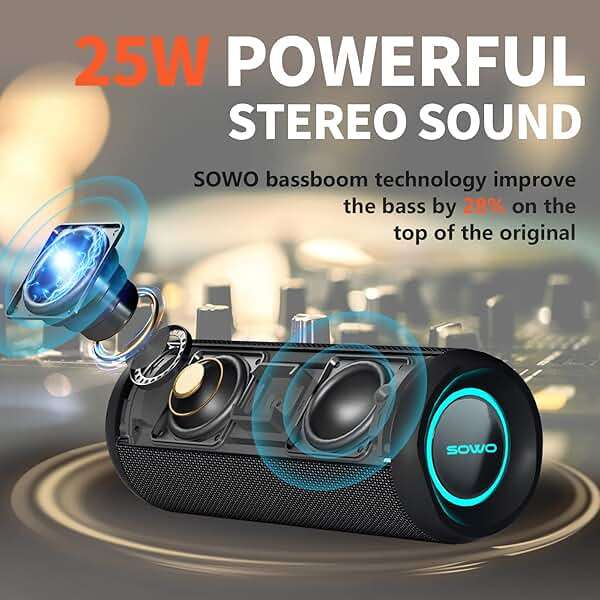 Wireless Portable Speaker,IPX7 Waterproof Bluetooth Speaker, 25W Loud Stereo Sound, Bassboom Technology, TWS Pairing, Built-in Mic, 16H Playtime with Lights for Home Outdoor - Black | 25W Stereo Sound, Bassboom Technology, TWS Pairing, Built-in Mic, 16H Playtime with Lights for Home Outdoor - Black - Image 2