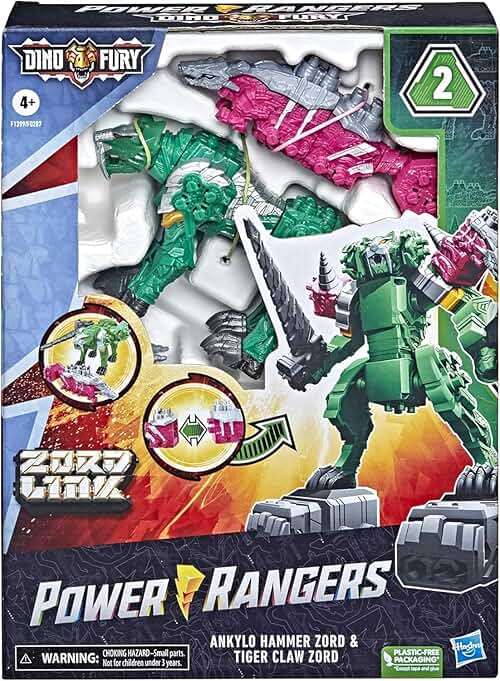 Power Rangers Dino Fury Pink Ankylo Hammer and Green Tiger Claw Zord Toys for Kids Ages 4 and Up Zord Link Mix-and-Match Custom Build System - Image 3