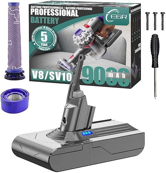 EGR Upgraded 9000mAh V8 Battery Replacement Compatible with Dyson V8 Animal Battery Replacement V8 Absolute/Motorhead/Fluffy SV10 Carbon Fiber Vacuum Cleaner 2 Filters and 3 Screws Included - Image 1