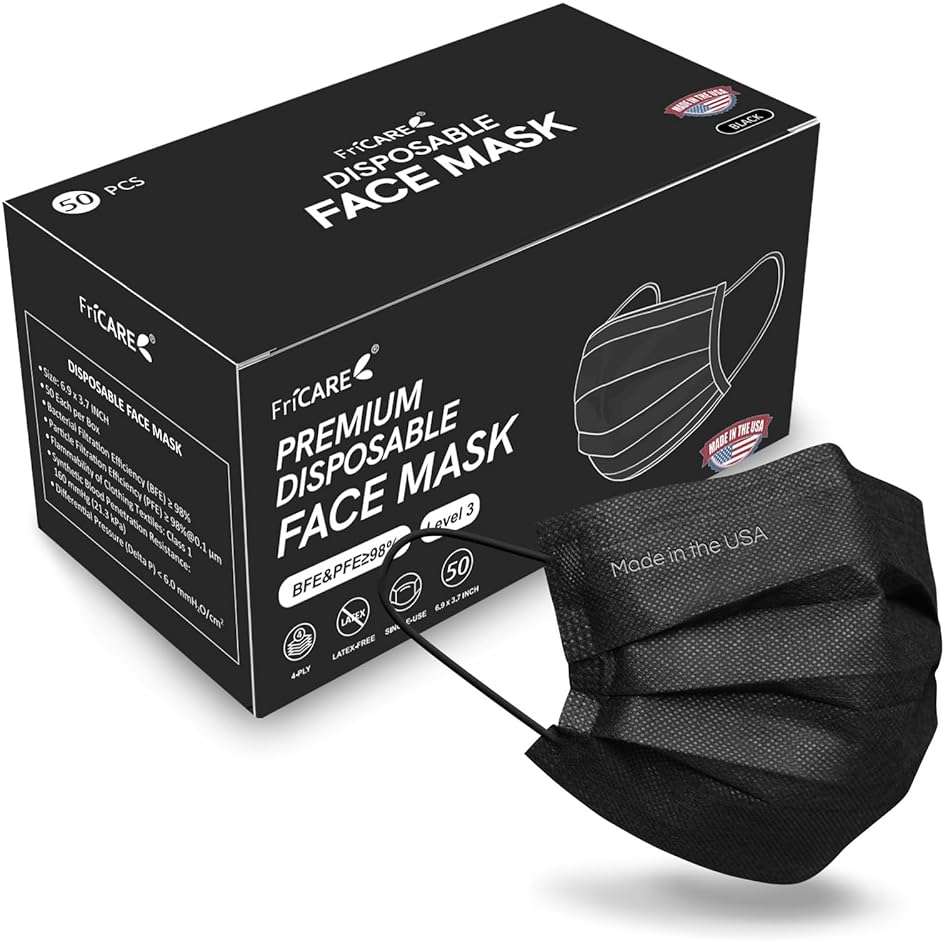 FriCARE Made in USA Disposable Face Masks, 4-Ply ASTM Level 3 Medical Grade, Breathable & Comfortable for Adult Daily Work/Sun Protection, 50 Pack Black - Image 1
