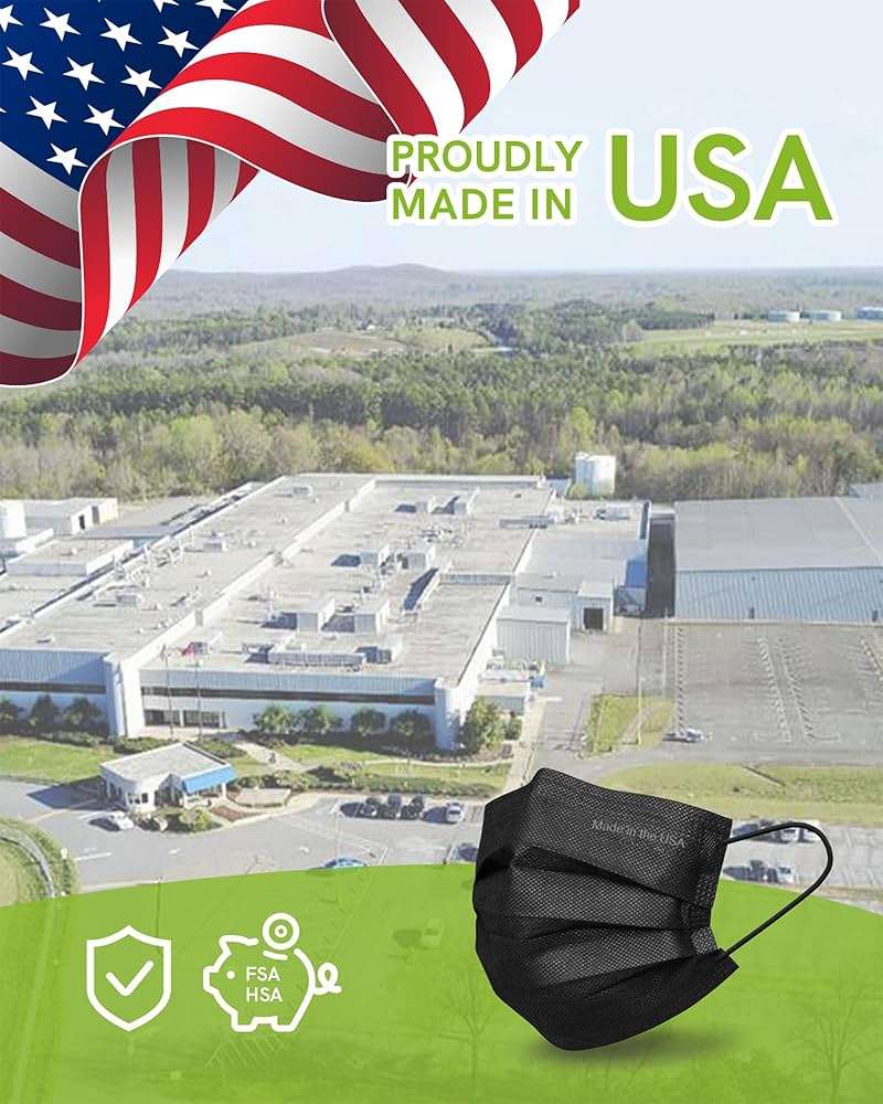 FriCARE Made in USA Disposable Face Masks, 4-Ply ASTM Level 3 Medical Grade, Breathable & Comfortable for Adult Daily Work/Sun Protection, 50 Pack Black - Image 2