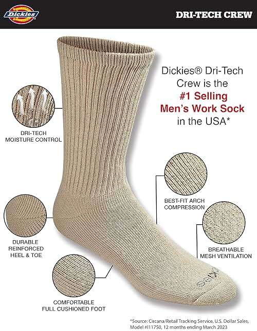 Dickies Men's Dri-Tech Essential Moisture Control Crew Socks, Available in M-XXL (6, 12 Pairs) - Image 2