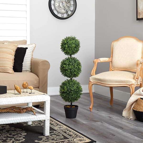 Nearly Natural 36in Artificial Triple Ball Boxwood Topiary Tree - Indoor Outdoor Realistic Faux Greenery for Home Patio Office Decor, Low Maintenance - Image 2