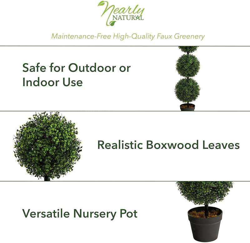 Nearly Natural 36in Artificial Triple Ball Boxwood Topiary Tree - Indoor Outdoor Realistic Faux Greenery for Home Patio Office Decor, Low Maintenance - Image 5