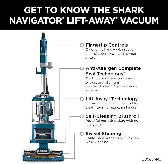 Shark Upright Vacuum, Navigator Lift-Away with Self-Cleaning Brushroll, HEPA Filter, Swivel Steering, Upholstery Tool & Pet Crevice Tool, Perfect for Pets & Multi-Surface, Teal, ZU503AMZ - Image 7