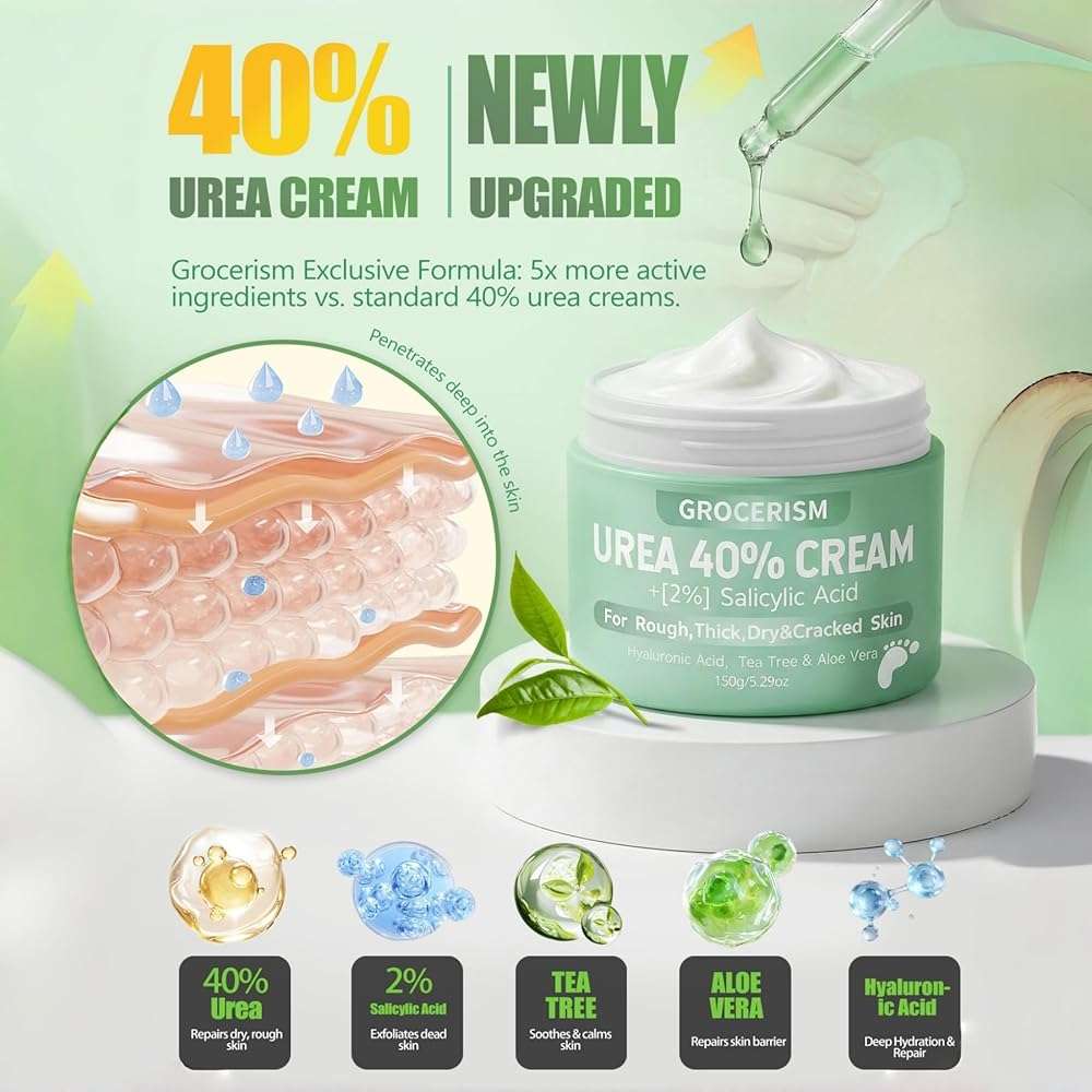 Grocerism Urea Cream 40 Percent For Feet Plus 2% Salicylic Acid 5.29 oz || Foot Cream and Hand Cream Maximum Strength with Hyaluronic Acid,Tea Tree,and Aloe Vera For Deep Moisturizes,Callus Remover - Image 2
