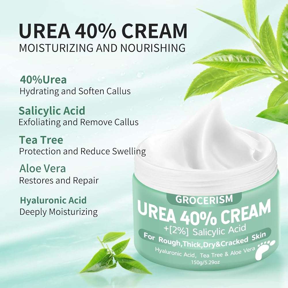 Grocerism Urea Cream 40 Percent For Feet Plus 2% Salicylic Acid 5.29 oz || Foot Cream and Hand Cream Maximum Strength with Hyaluronic Acid,Tea Tree,and Aloe Vera For Deep Moisturizes,Callus Remover - Image 3