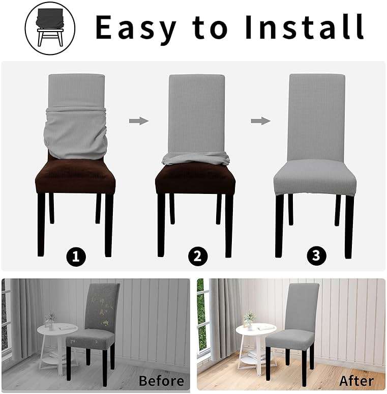 Easy-Going 100% Waterproof Dining Room Chair Cover Set of 6, Stretch Jacquard Parson Chair Slipcover Removable Washable Chair Protector for Home, Restaurant, Banquet (Large, Light Gray) - Image 6
