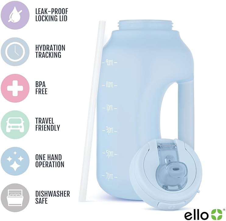 Ello Hydra 64oz Half Gallon Water Jug with Handle and Motivational Time Markers for All Day Hydration, Plastic Reusable Water Bottle with Straw and Locking, Leak Proof Lid, BPA Free, Halogen Blue - Image 5
