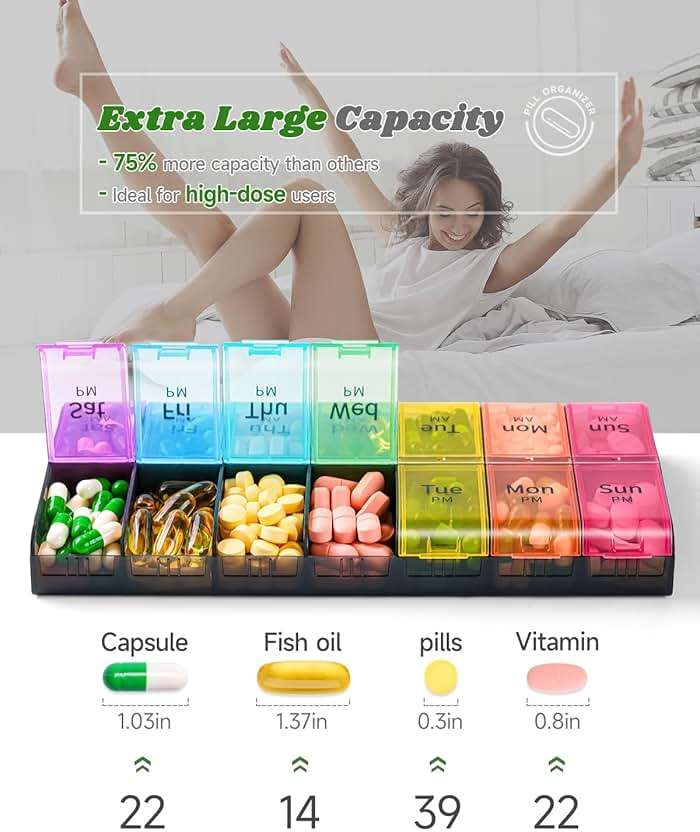 Extra Large Pill Organizer 2 Times a Day, Weekly XL AM PM Pill Case, 7 Day Pill Box Twice a Day, Oversized Daily Medicine Organizer for Vitamins, Big Pill Container, Medication Dispenser (Rainbow) - Image 2