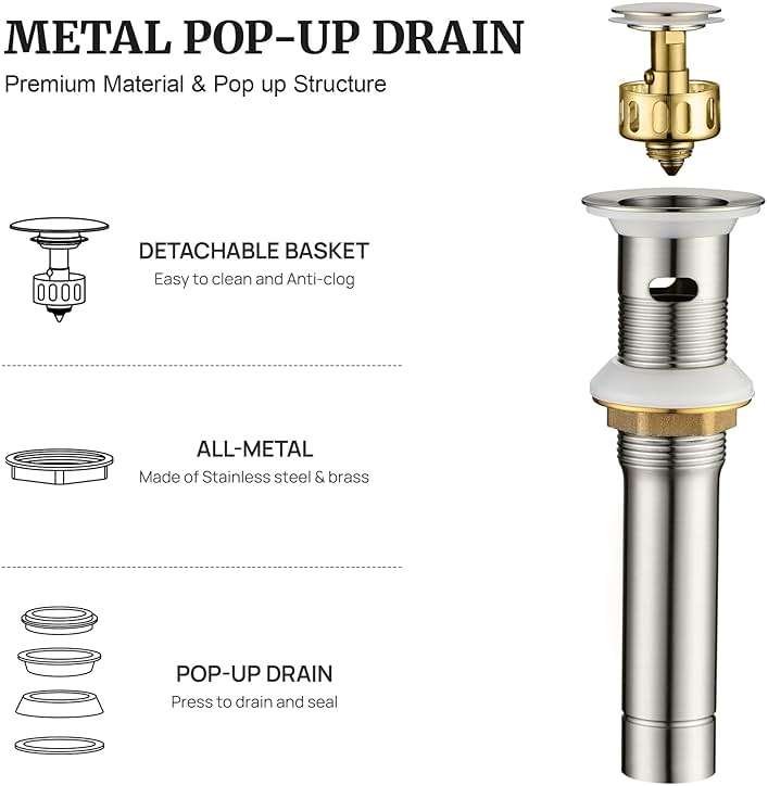 Pop up Sink Drain Stopper for Bathroom Vessel Vanity Sink Art Basin Brushed Nickel, Small Cap with Overflow, Metal Pop up Drain Strainer with Detachable Basket Stopper - Image 3
