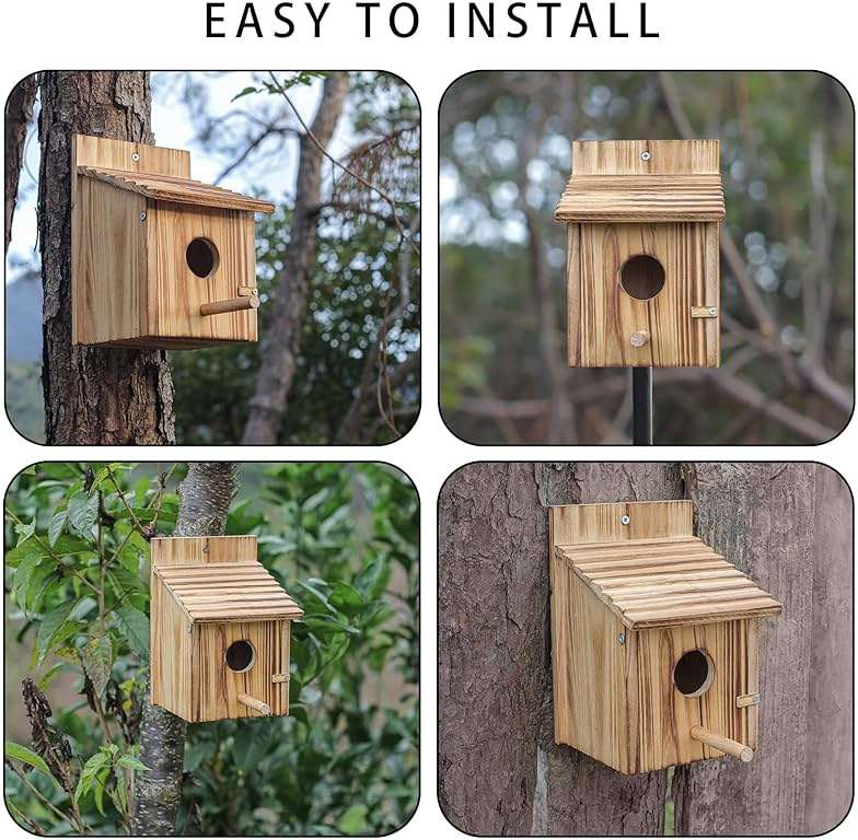 NATUREYLWL Wooden Bird House for Outside, Hanging Natural Wood Birdhouse with Perch, 1.57" Entrance & Side Clean-Out Door for Bluebirds, Wrens and Finches, Garden Decor - Image 6