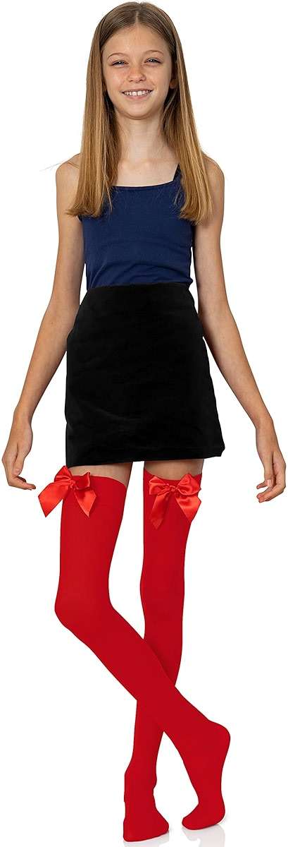 Skeleteen Bow Accent Thigh Highs - White Over the Knee High Stockings with White Satin Ribbon Bow Accent for Women and Girls - Image 2