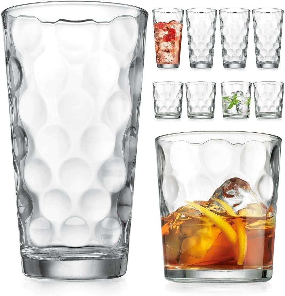 Home Essentials & Beyond Glassware Drinking Glasses Set Of 8 4 Highball (17 oz.) Kitchen Glasses | 4 (13 oz.) Rocks Glass Cups for Water, Juice and Cocktails. - Image 1