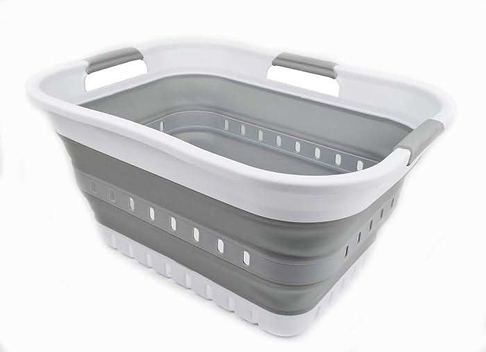 SAMMART 30L (8 gallon) Collapsible 3 Handled Plastic Laundry Basket - Foldable Pop Up Storage Container/Organizer - Space Saving Hamper/Basket (White/Grey) - Image 1
