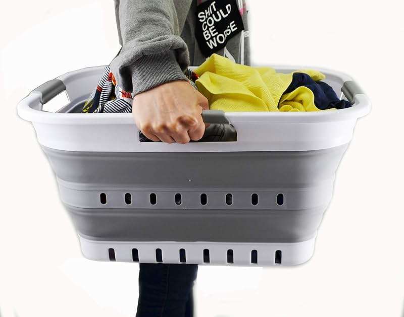 SAMMART 30L (8 gallon) Collapsible 3 Handled Plastic Laundry Basket - Foldable Pop Up Storage Container/Organizer - Space Saving Hamper/Basket (White/Grey) - Image 6