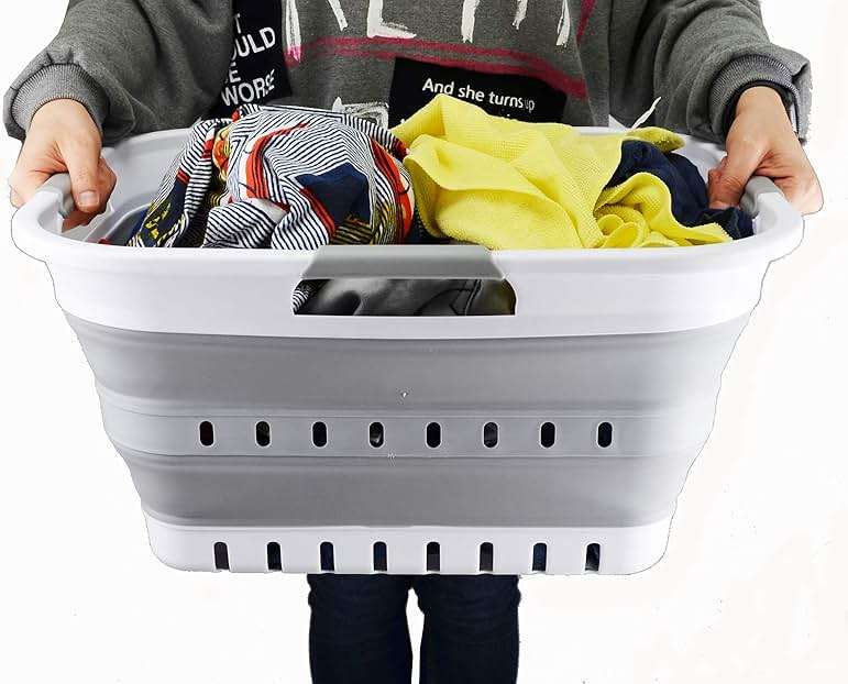 SAMMART 30L (8 gallon) Collapsible 3 Handled Plastic Laundry Basket - Foldable Pop Up Storage Container/Organizer - Space Saving Hamper/Basket (White/Grey) - Image 7