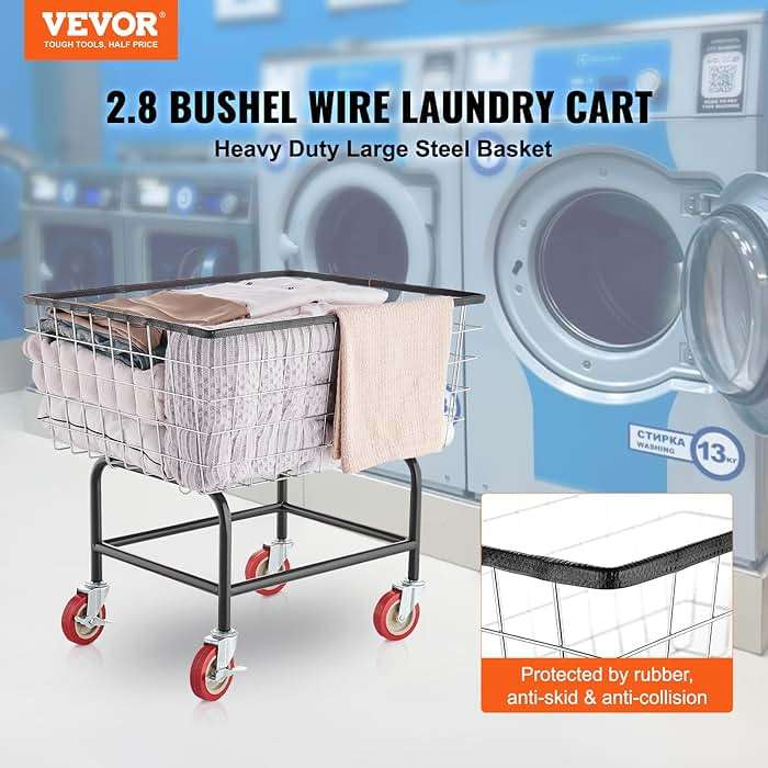 VEVOR Wire Laundry Cart, 2.8Bushel Wire Laundry Basket with Wheels, 26.7''x21.7''x26.4'' Commercial Basket Cart, Steel Frame with Chrome Finish, 4" Casters - Image 3