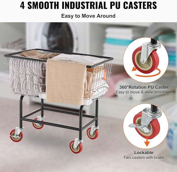 VEVOR Wire Laundry Cart, 2.8Bushel Wire Laundry Basket with Wheels, 26.7''x21.7''x26.4'' Commercial Basket Cart, Steel Frame with Chrome Finish, 4" Casters - Image 5
