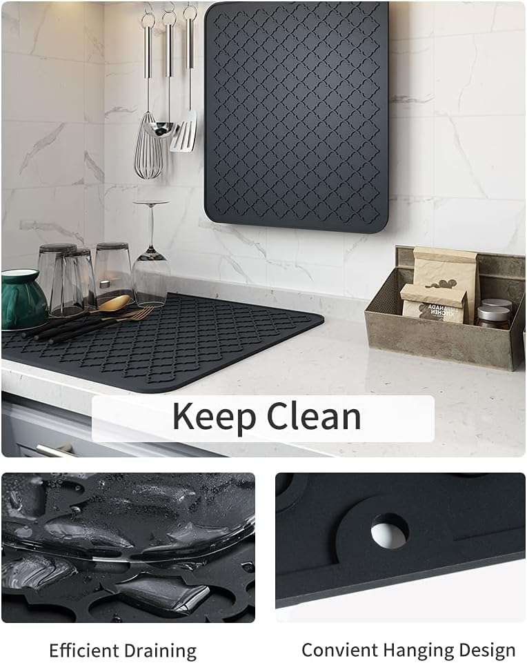 AMOAMI-Dish Drying Mats for Kitchen Counter-Silicone Dish Drying Mat-Kitchen Dish Drying Pad Heat Resistant Mat-Kitchen Gadgets Kitchen Accessories Kitchen Small Appliances(12" x 16", BLACK) - Image 4