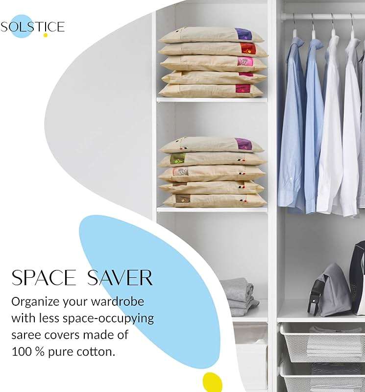 SOLSTICE Cotton Saree Covers, Saree Bags, Clothes Covers for Clothes Storage bag, Travelling, Wardrobe Organizer with Mesh, Window (16 x 14, off white) (Pack of 12) - Image 7