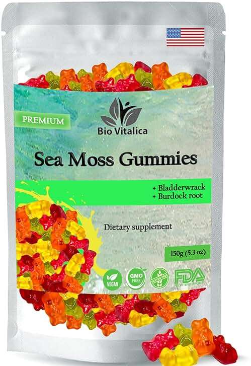 Sea Moss Gummies - Irish sea Moss raw Organic, Bladderwrack, Burdock Root. Contains Sea Moss Gel and Powder. Superfoods for Vegan, Keto and Dr Sebi Diet. Immune Boosting (1, Original) - Image 1