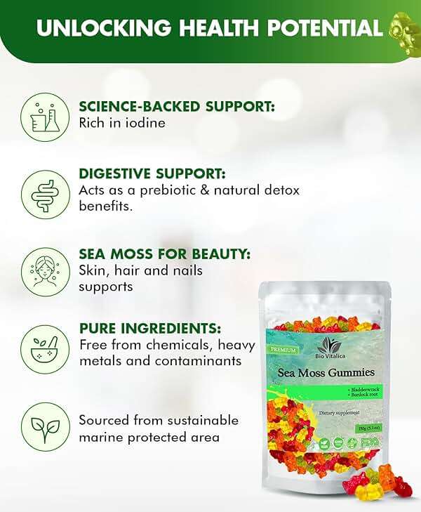 Sea Moss Gummies - Irish sea Moss raw Organic, Bladderwrack, Burdock Root. Contains Sea Moss Gel and Powder. Superfoods for Vegan, Keto and Dr Sebi Diet. Immune Boosting (1, Original) - Image 5