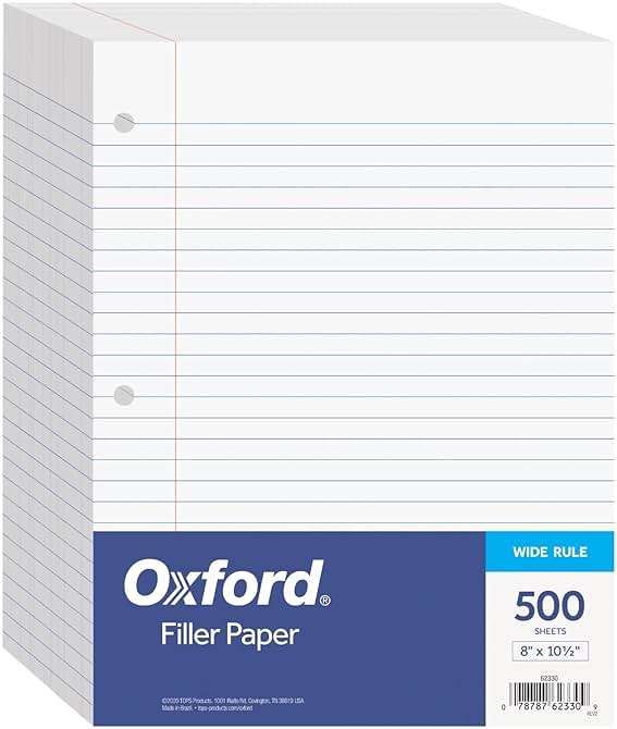 Oxford Filler Paper, 8 x 10-1/2 Inch Wide Ruled Paper, 3 Hole Punch, Loose Leaf Notebook Paper for 3 Ring Binders, 500 sheets (62330), white - Image 1