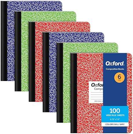 Oxford Composition Notebooks, 6 Pack, Cover Colors Vary, Wide Ruled Paper, 9-3/4 x 7-1/2 Inch School Journals, Assorted Marble Covers, 100 Sheets, per Book (63762) - Image 1
