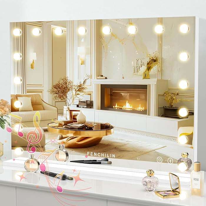 FENCHILIN Vanity Mirror with Lights 32''x23'' Tempered Glass Large Hollywood Mirror with 18 Dimmable Bulbs for Makeup Table/Hanging Bluetooth Speaker Mirror with Touch Screen & USB Charge Port - Image 1