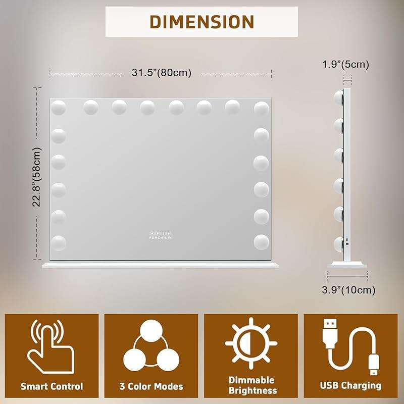 FENCHILIN Vanity Mirror with Lights 32''x23'' Tempered Glass Large Hollywood Mirror with 18 Dimmable Bulbs for Makeup Table/Hanging Bluetooth Speaker Mirror with Touch Screen & USB Charge Port - Image 2