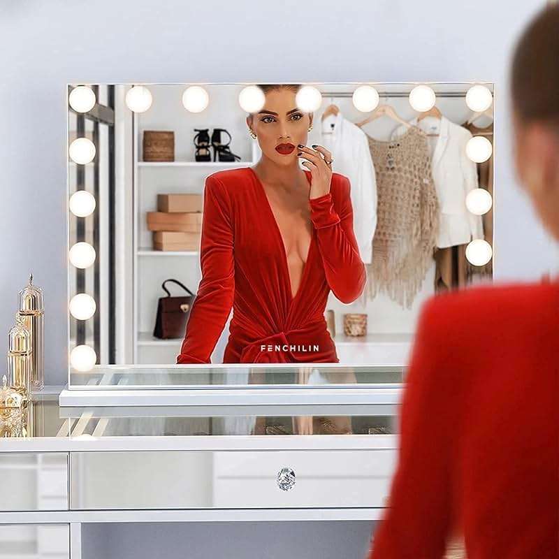FENCHILIN Vanity Mirror with Lights 32''x23'' Tempered Glass Large Hollywood Mirror with 18 Dimmable Bulbs for Makeup Table/Hanging Bluetooth Speaker Mirror with Touch Screen & USB Charge Port - Image 8
