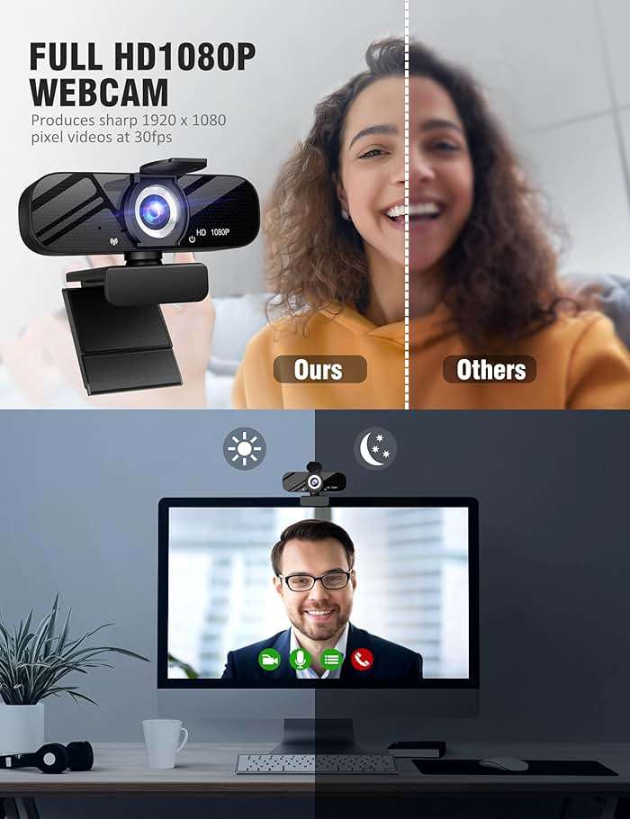Tewiky Full HD Webcam with Built-in Microphone and Rotatable Tripod, 1080P Video and Wide Angle Camera, Privacy Cover, for Desktop PC or Laptop Computer - Image 2
