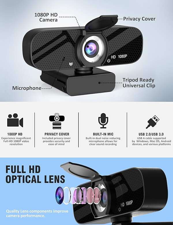 Tewiky Full HD Webcam with Built-in Microphone and Rotatable Tripod, 1080P Video and Wide Angle Camera, Privacy Cover, for Desktop PC or Laptop Computer - Image 6
