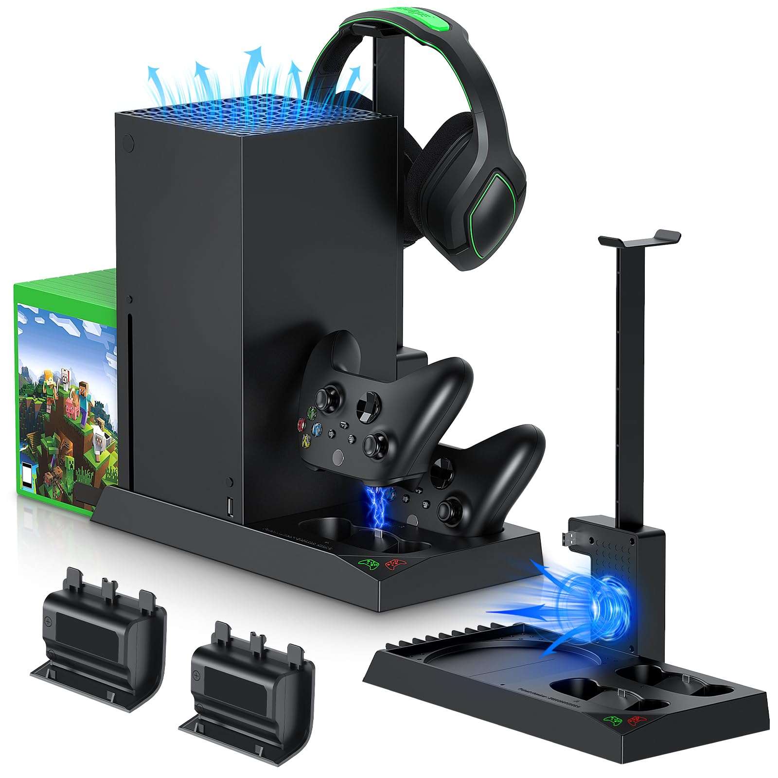 MENEEA Cooling Fan & Charging Stand for Xbox Series X Console & Controller,Vertical Cooler System Dual Charger Station Dock Accessories with 2 x 1400mAh Rechargeable Battery for Xbox Series X - Image 1