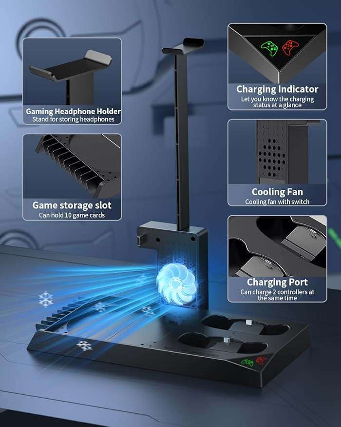 MENEEA Cooling Fan & Charging Stand for Xbox Series X Console & Controller,Vertical Cooler System Dual Charger Station Dock Accessories with 2 x 1400mAh Rechargeable Battery for Xbox Series X - Image 2