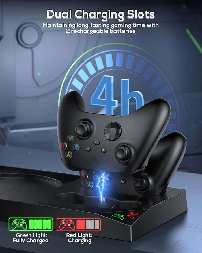 MENEEA Cooling Fan & Charging Stand for Xbox Series X Console & Controller,Vertical Cooler System Dual Charger Station Dock Accessories with 2 x 1400mAh Rechargeable Battery for Xbox Series X - Image 4