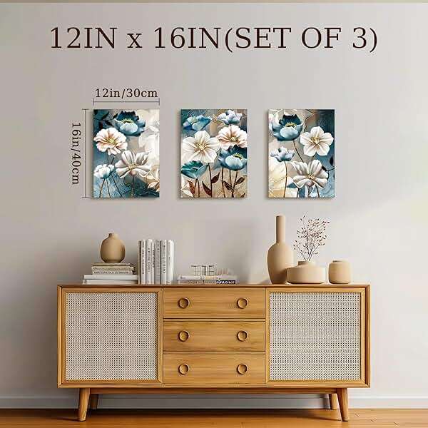 SERIMINO 3 Piece Lotus Flower Canvas Wall Art for Living Room, Blue Floral Picture Wall Decor for Dining Room Bedroom, Art Print Painting for Home Decorations 12"X16" - Image 3