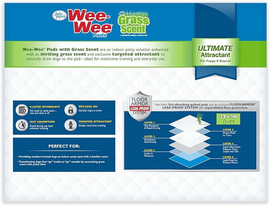 Four Paws Wee-Wee Ultimate Attractant Grass Scented Pee Pads for Dogs & Puppies, Leak-Proof Dog Housebreaking Instinctive Potty Training Floor Protection, 22" x 23", 10 Count - Image 10