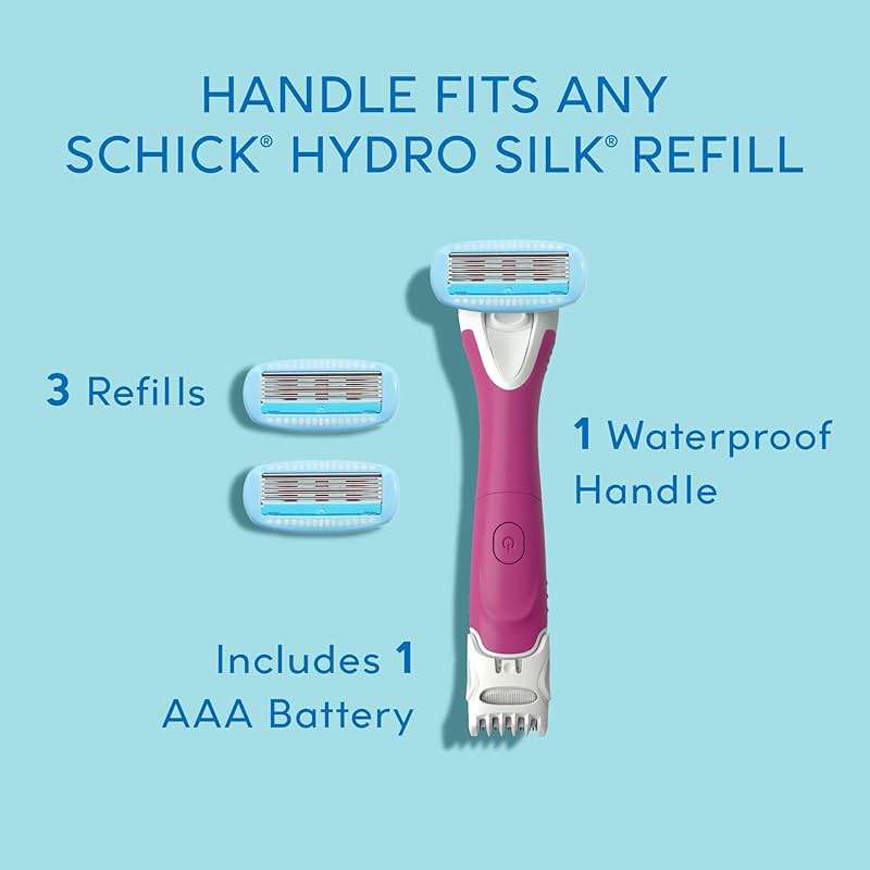 Schick Hydro Silk TrimStyle Razor with Bikini Trimmer for Women | 2-in-1 Bikini Razor for Women and Womens Trimmer for Pubic Hair, Includes 1 Waterproof Handle, 3 Refills & 1 AAA Battery - Image 7