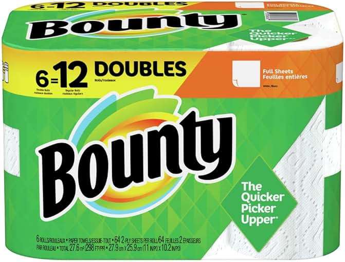 Bounty Full Sheet Paper Towels, White, 6 Double Rolls = 12 Regular Rolls - Image 1