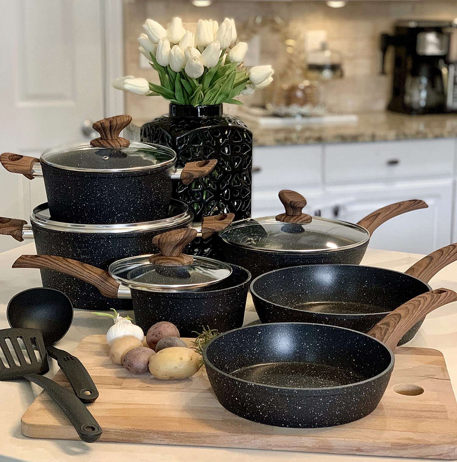 Kitchen Academy Induction Cookware Sets - 12 Piece Pots and Pans Set Non Stick, Black Granite Nonstick Cooking Pan Set(PFOS, PFOA Free) - Image 1