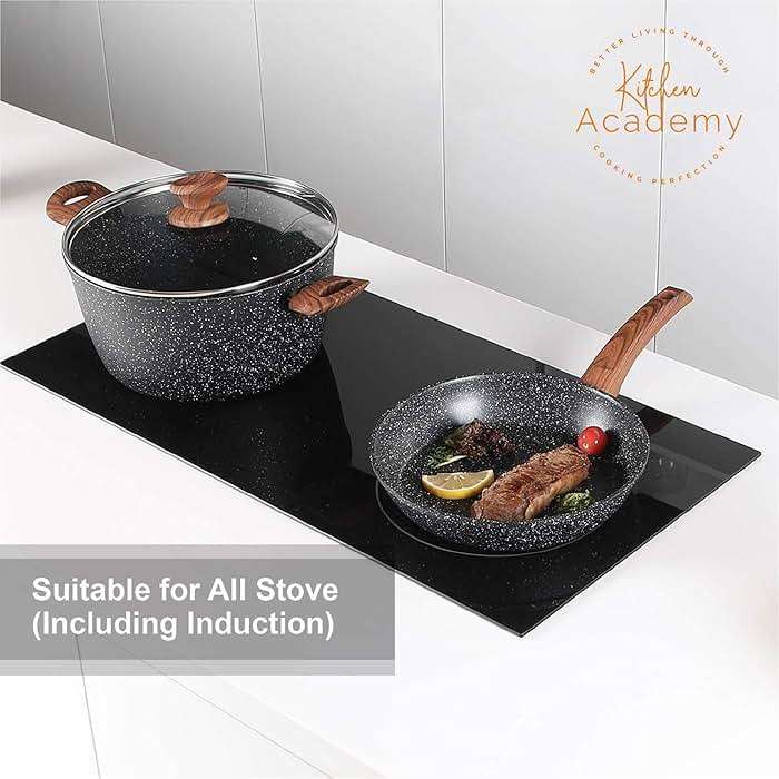 Kitchen Academy Induction Cookware Sets - 12 Piece Pots and Pans Set Non Stick, Black Granite Nonstick Cooking Pan Set(PFOS, PFOA Free) - Image 3
