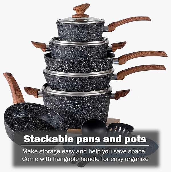Kitchen Academy Induction Cookware Sets - 12 Piece Pots and Pans Set Non Stick, Black Granite Nonstick Cooking Pan Set(PFOS, PFOA Free) - Image 6