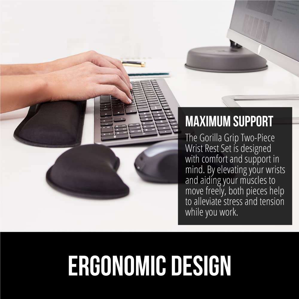 GORILLA GRIP Silky Memory Foam Wrist Rest for Computer Keyboard, Mouse, Ergonomic Design for Typing Pain Relief, Desk Pads Support Hand and Arm, Mousepad Rests, Stain Resistant, 2 Piece Pad, Black - Image 6