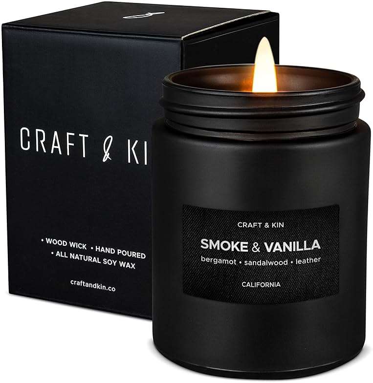 Craft & Kin Premium Smoke & Vanilla Scented Candle – Long Lasting, 45 Hour Burn Time – Luxury Black Natural Soy Scented Candle for Men with Wood Wick – Room Decor and Aromatherapy – 7.6 oz - Image 1