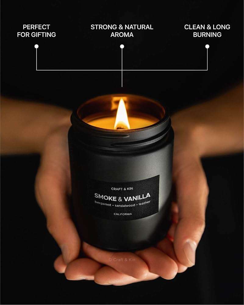Craft & Kin Premium Smoke & Vanilla Scented Candle – Long Lasting, 45 Hour Burn Time – Luxury Black Natural Soy Scented Candle for Men with Wood Wick – Room Decor and Aromatherapy – 7.6 oz - Image 2